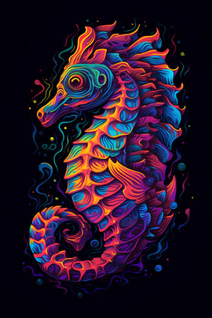 Colorful sea horse zodiac sign, vector illustration on black backgroundの素材
