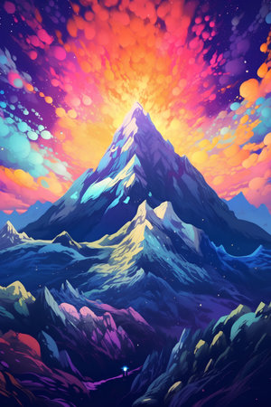 Fantasy mountain landscape with sun and clouds. Vector cartoon illustration.の素材