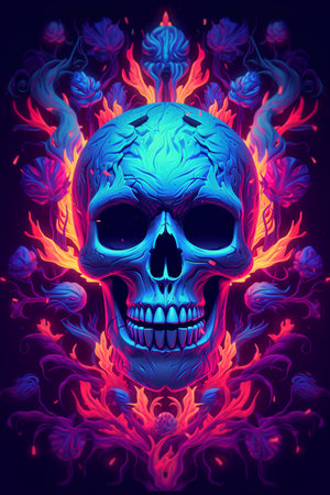 Skull with fire flames on a dark background. Vector illustration.の素材