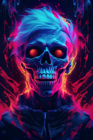 Futuristic neon portrait of a girl in the form of a human skull.の素材