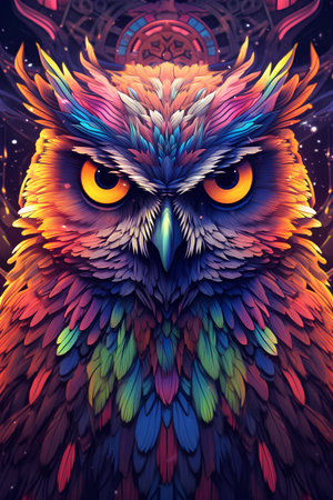 Colorful owl. Colorful illustration of an owl with a psychedelic background.の素材