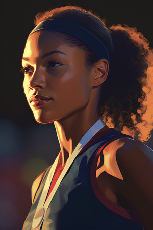 3D Illustration of a female basketball player on a dark backgroundの素材