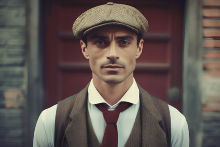 Portrait of a handsome young man wearing a cap and coat. Men's beauty, fashion.の素材
