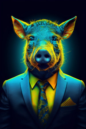 Funny portrait of a wild boar in a business suit.の素材