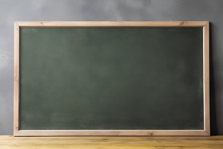 Empty blackboard on a wooden table in front of a gray wallの素材