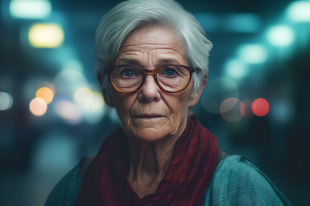 Portrait of an elderly woman with glasses in the city at nightの素材
