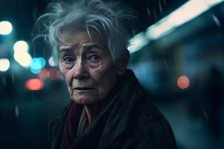 Portrait of an elderly woman in the rain on a dark backgroundの素材