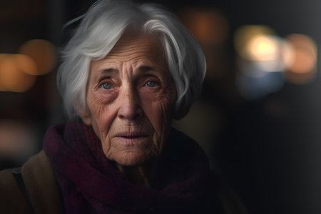 Portrait of an elderly woman with a sad expression on her faceの素材
