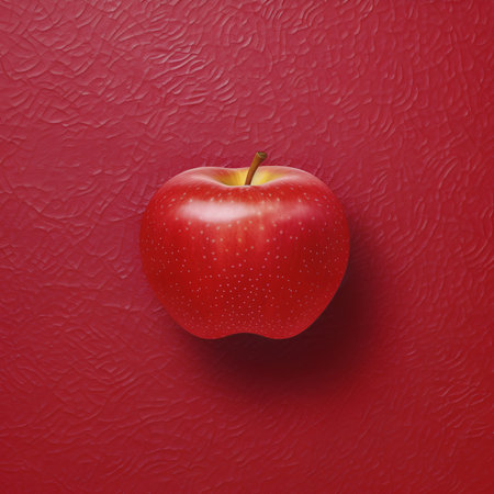 Red apple on a red textured background. 3d illustration.の素材