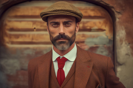 Portrait of a handsome man with a beard and mustache wearing a hat and a brown suit.の素材