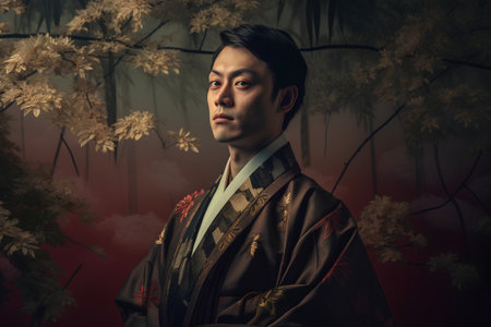 Handsome asian man in traditional kimono on autumn forest backgroundの素材