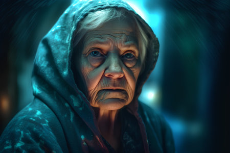 Portrait of an elderly woman in the dark. The concept of old age.の素材