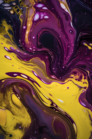 abstract background of acrylic paint in yellow, purple and black colorsの素材