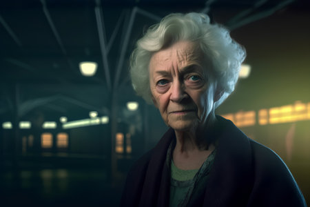 Portrait of an elderly woman in a dark room at night.の素材