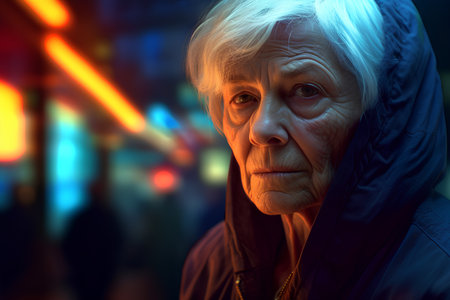 Portrait of an elderly woman on a background of neon lights.の素材