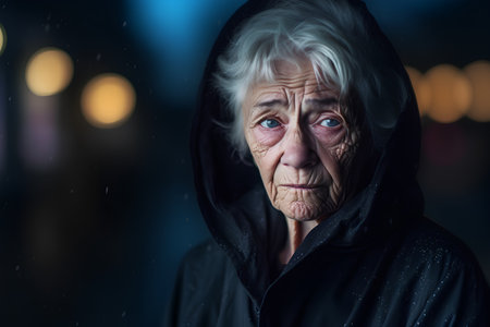 Portrait of an elderly woman in a black raincoat at nightの素材
