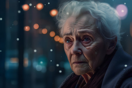 Portrait of an elderly woman on the background of the night cityの素材