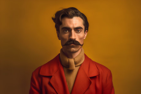 young man with a mustache and a red coat on a yellow backgroundの素材