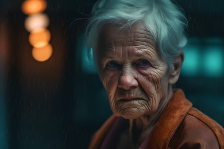 Portrait of an elderly woman in the rain. Selective focus.の素材