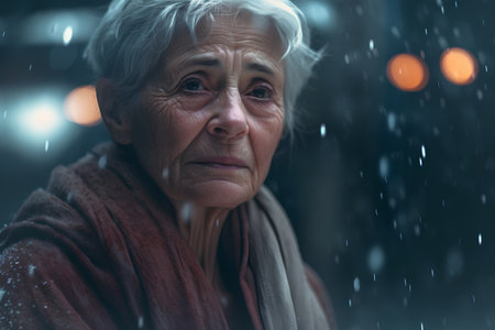 Portrait of an elderly woman in a raincoat at night.の素材
