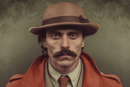 Retro portrait of a man in a hat and coat with a mustacheの素材