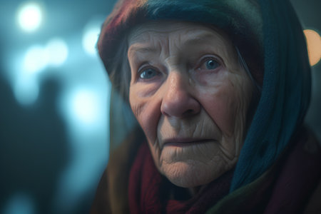 Portrait of an elderly woman on a background of the night cityの素材