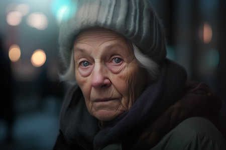 Portrait of an elderly woman in a hat and scarf on the streetの素材