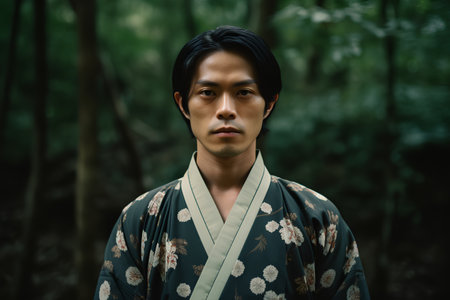 Asian man wearing a kimono and looking at the camera in the forestの素材