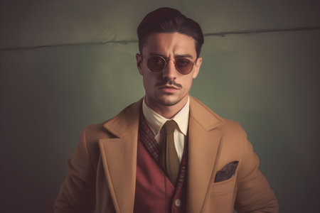 Portrait of a handsome young man wearing coat and sunglasses. Men's beauty, fashion.の素材
