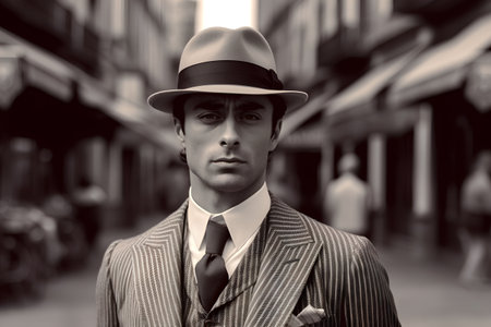 Portrait of a handsome man wearing a fedora hat. Black and white.の素材