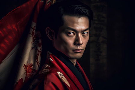 Portrait of a handsome asian man in red kimonoの素材