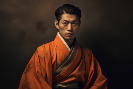 Portrait of a young asian man in traditional japanese clothesの素材