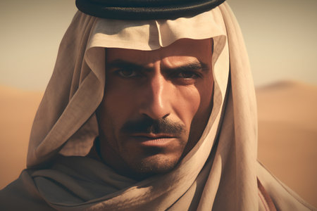 Portrait of a middle eastern man with a beard in the desertの素材