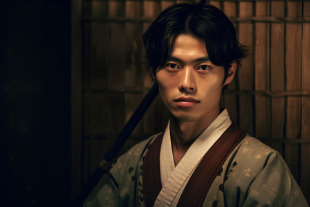 Handsome asian man in kimono against wooden wallの素材