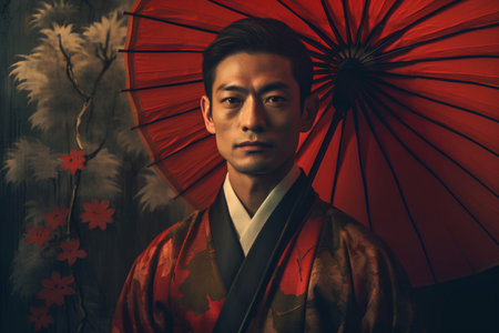 Asian japanese man wearing kimono with red umbrella on bamboo backgroundの素材