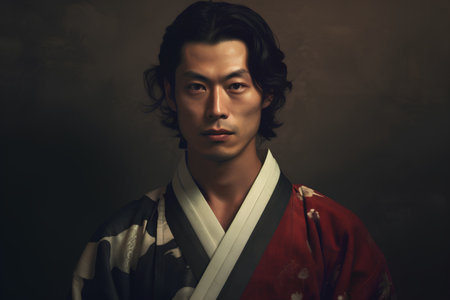 Portrait of a young man in kimono on dark backgroundの素材