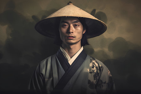 Portrait of a japanese asian man in traditional costumeの素材