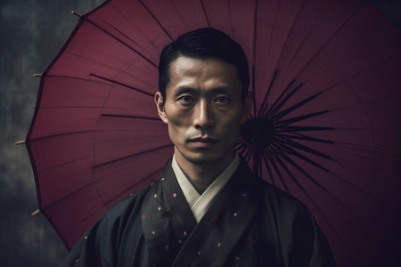 Asian japanese man in kimono with umbrella on dark backgroundの素材