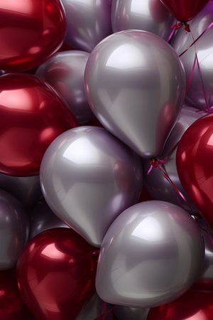 Red and silver balloons background. 3d rendering, 3d illustration.の素材