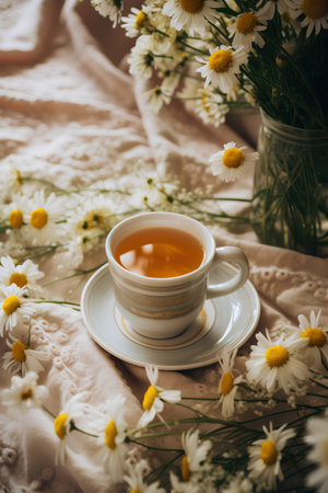 Cup of tea and chamomile flowers on fabric backgroundの素材