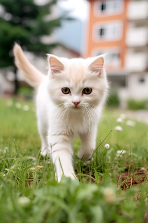 Cute white kitten on the green grass in the garden. Selective focus.の素材