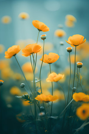 Beautiful yellow poppies in the meadow, retro tonedの素材