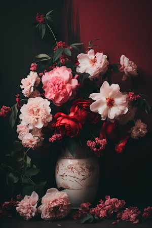 Bouquet of peonies in a vase on a dark backgroundの素材