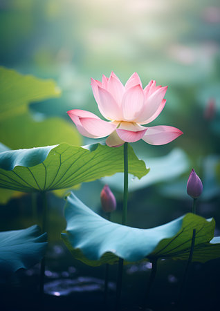 Lotus flower blooming in the pond with green leaves and sunlight.の素材