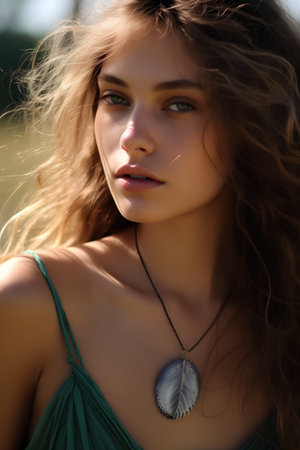 Closeup portrait of a beautiful young woman with long curly hair and blue eyes.の素材