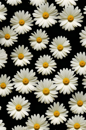 Seamless pattern of white daisies on a black backgroundの素材