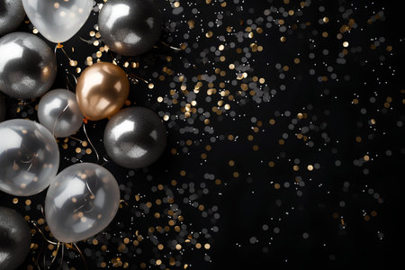 Holiday background with gold, silver and black balloons and confetti on black backgroundの素材