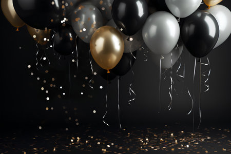 Black and white balloons with golden confetti on black background. Vector illustrationの素材