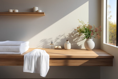 Interior of modern bathroom with white walls, wooden floor, white bathtub with towels and vase with flowers. 3d renderingの素材