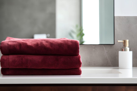 Stack of red towels on the countertop in a modern bathroom.の素材